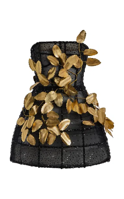 Oscar De La Renta Gold-leaf-detailed Cocktail Dress In Black
