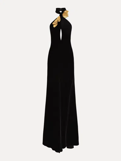 Oscar De La Renta Embellished Velvet Halterneck Gown In Black