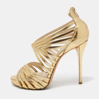 Pre-owned Oscar De La Renta Gold Leather Strappy Sandals Size 37.5