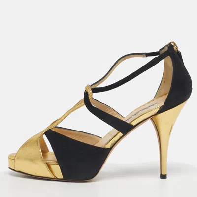 Oscar De La Renta Gold/black Leather And Suede Ankle Strap Sandals