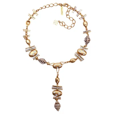 Pre-owned Oscar De La Renta Gold-plated Crystal Charm Necklace With Pendant Drop In Multi