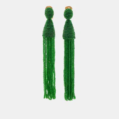 Oscar De La Renta Green Beaded Gold Tone Tassle Earrings