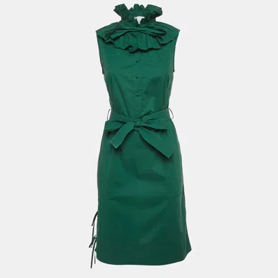 Pre-owned Oscar De La Renta Green Cotton Ruffled Sleeveless Short Dress Xs
