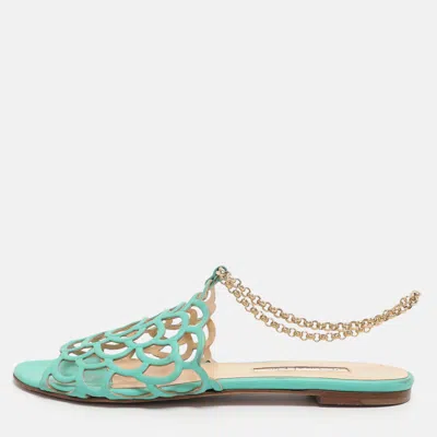 Oscar De La Renta Green Leather Begonia Chain Flats