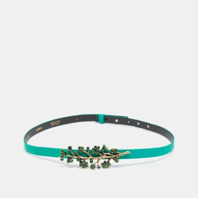 Oscar De La Renta Green Satin Crystal Embellished Slim Belt In Burgundy