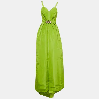 Pre-owned Oscar De La Renta Green Silk Crystal Detail Belted Gown S