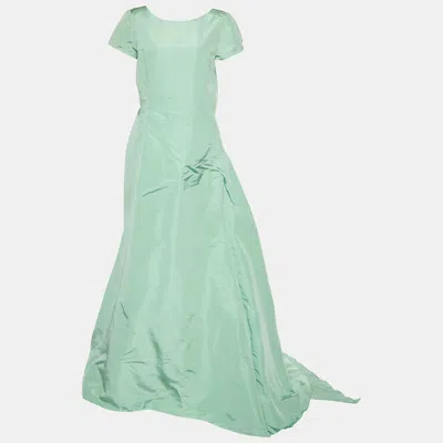 Pre-owned Oscar De La Renta Green Silk Pleat Detail Draped Gown L