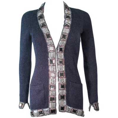 Pre-owned Oscar De La Renta Grey Embellished Cashmere Cardigan Size Xs In Gray