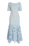 Oscar De La Renta Guipure-embroidered Cotton-wool Tweed Midi Dress In Blue