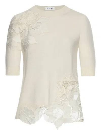 Oscar De La Renta Guipure-insert Short-sleeve Top In Gray