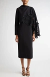 Oscar De La Renta One Shoulder Guipure Orchid Drape Dress In Black