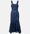 Oscar De La Renta Asymmetric Floral Guipure Midi Dress In Blue
