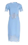 Oscar De La Renta Guipure Lace-paneled Stretch-wool Midi Dress In Light Blue