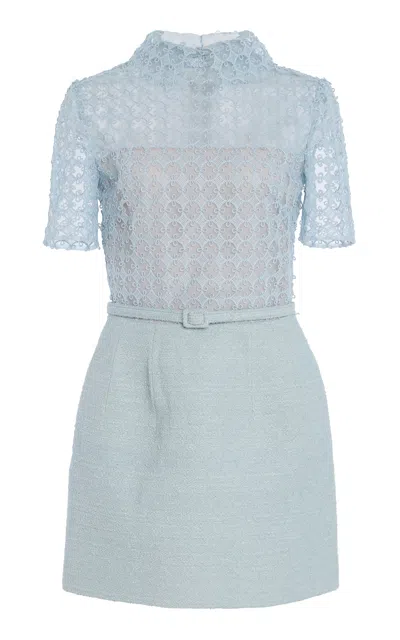 Oscar De La Renta Guipure Tweed Mini Dress In Light Blue