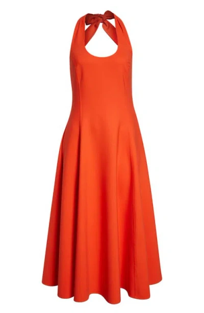 Oscar De La Renta Halter Neck Stretch Wool Fit & Flare Dress In Orange