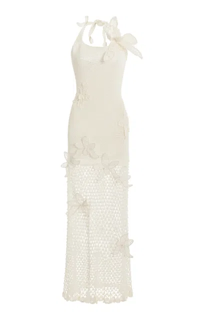 Oscar De La Renta Halter Orchid Crochet Knit Dress In Ivory
