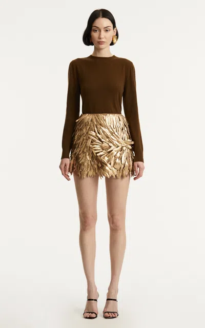 Oscar De La Renta Hand-painted Feather-embellished Tulle Mini Skirt In Gold