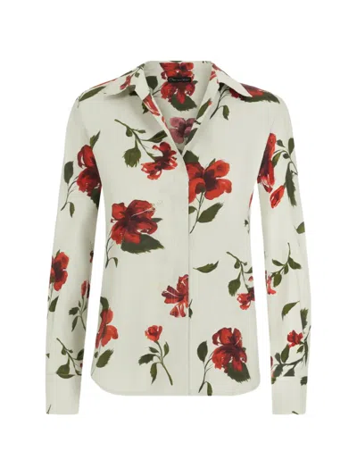 Oscar De La Renta Hibiscus Cotton Poplin Blouse In White