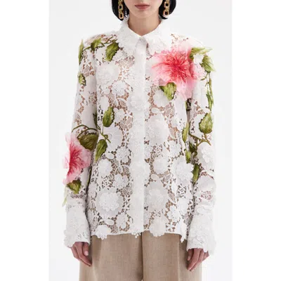 OSCAR DE LA RENTA OSCAR DE LA RENTA HIBISCUS EMBROIDERED FLORAL GUIPURE BUTTON-UP SHIRT