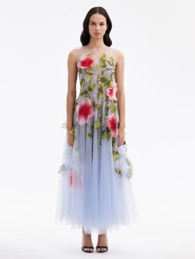 Oscar De La Renta Hibiscus Embroidered Gown In Light Blue/pink