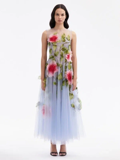 Oscar De La Renta Hibiscus Embroidered Gown In Blue Pink