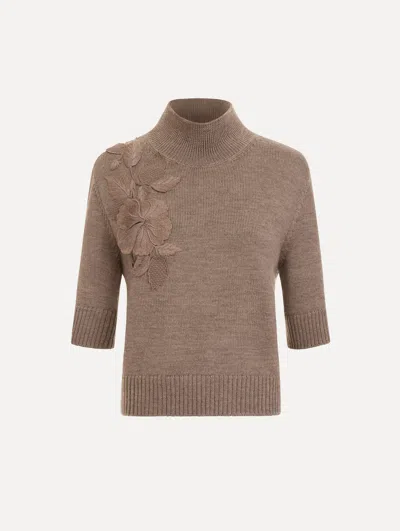 Oscar De La Renta Hibiscus Embroidered Knit Pullover In Brown