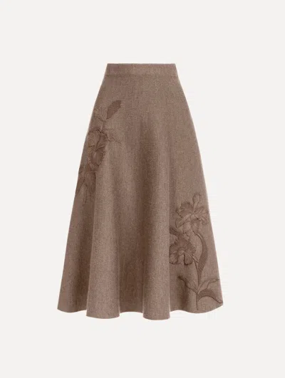 Oscar De La Renta Hibiscus Embroidered Knit Skirt In Brown