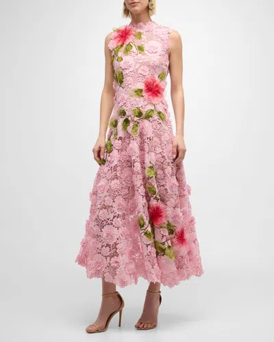 Oscar De La Renta Hibiscus Embroidered Sleeveless Floral Guipure Lace Midi Dress In Soft Pink