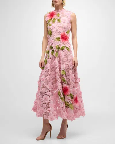 OSCAR DE LA RENTA HIBISCUS EMBROIDERED SLEEVELESS FLORAL GUIPURE LACE MIDI DRESS