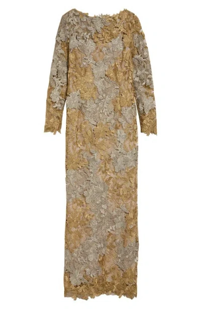 Oscar De La Renta Hibiscus Metallic Long Sleeve Guipure Lace Gown In Brown