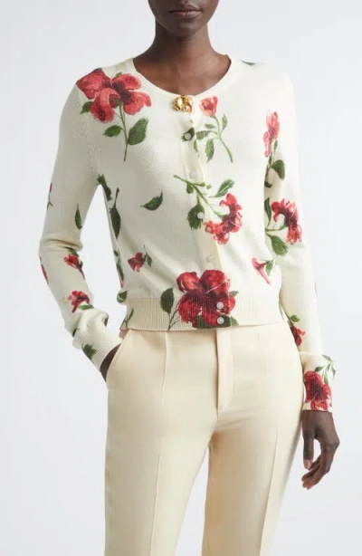 Oscar De La Renta Hibiscus Print Virgin Wool Cardigan In White