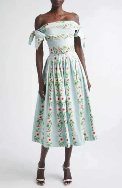Oscar De La Renta Hibiscus Stripes Cotton Stretch Poplin Midi Dress In Multi