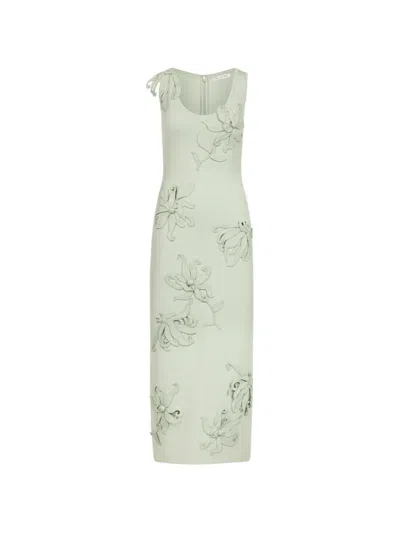 Oscar De La Renta Hibiscus-embroidered Knit Pencil Dress In Blue