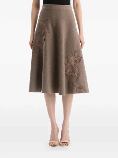Oscar De La Renta Hibiscus-embroidered Knit Skirt In Brown