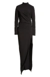 Oscar De La Renta High Slit Long Sleeve Cady Gown In Black