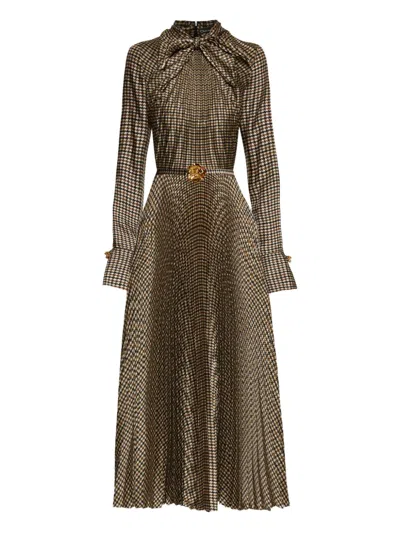 Oscar De La Renta Houndstooth Pleated Midi Dress In Brown