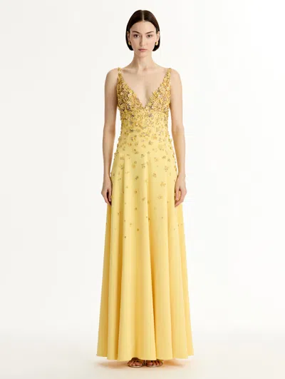 Oscar De La Renta Hoya Flower Embroidered Sleeveless Gown In Brown