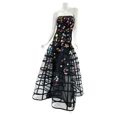 Pre-owned Oscar De La Renta Iconic  2015 Flower Embroidered Cage Corset Dress Gown Us 8 In Black