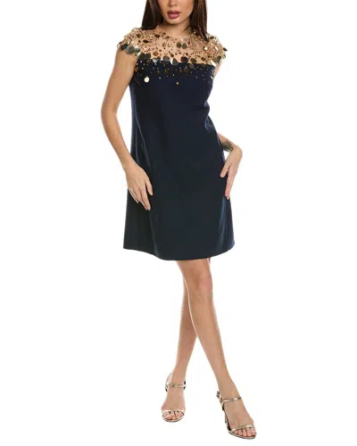 Oscar De La Renta Illusion Neckline Firefly Wool-blend Shift Dress In Blue