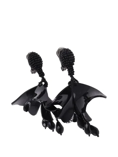 Pre-owned Oscar De La Renta Impatiens Flower Clip-on Drop Earrings In Black