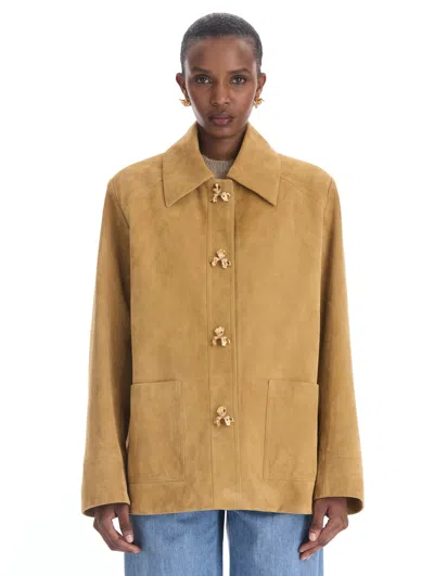 Oscar De La Renta Iris Button Suede Jacket In Brown