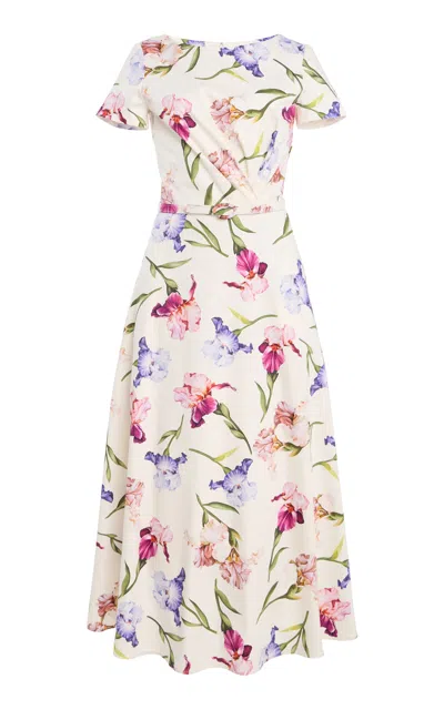Oscar De La Renta Iris Flower Poplin Midi Dress In White