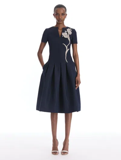 Oscar De La Renta Iris Sequin & Bead Embroidered Appliqu Faille Dress In Blue