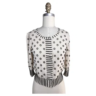 Pre-owned Oscar De La Renta Ivory And Black Beaded Polka Dot Cardigan Sweater In White