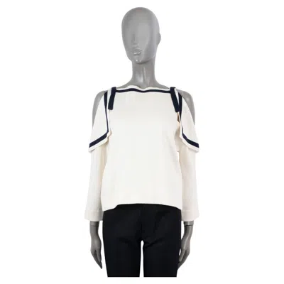 Pre-owned Oscar De La Renta Ivory & Blue Silk Cold Shoulder Sailor Knit Shirt S In White