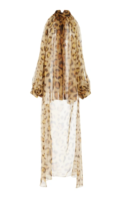 Oscar De La Renta Jaguar Cold Shoulder Silk-chiffon Blouse In Animal