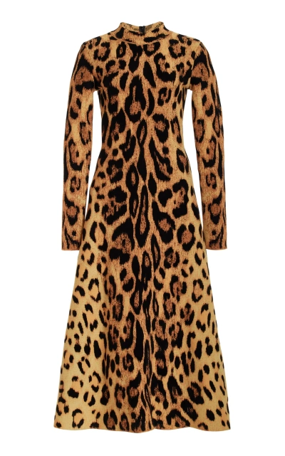 Oscar De La Renta Jaguar-printed Midi Dress In Beige Multi