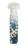 Oscar De La Renta Short Sleeve Cherry Blossom Jersey Dress In Navy