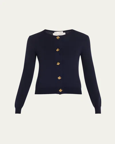 Oscar De La Renta Jewel Button Slim Wool Cardigan In Navy