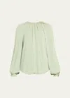 OSCAR DE LA RENTA JEWEL-NECK LONG-SLEEVE SILK GEORGETTE BLOUSE